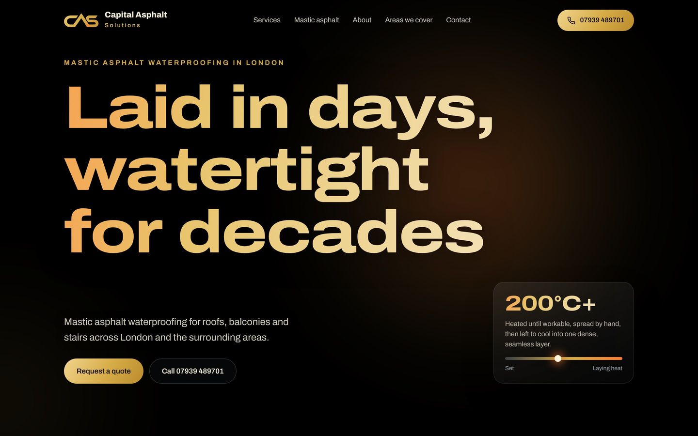 Capital Asphalt Solutions homepage: gold headline, Laid in days, watertight for decades, on a dark background