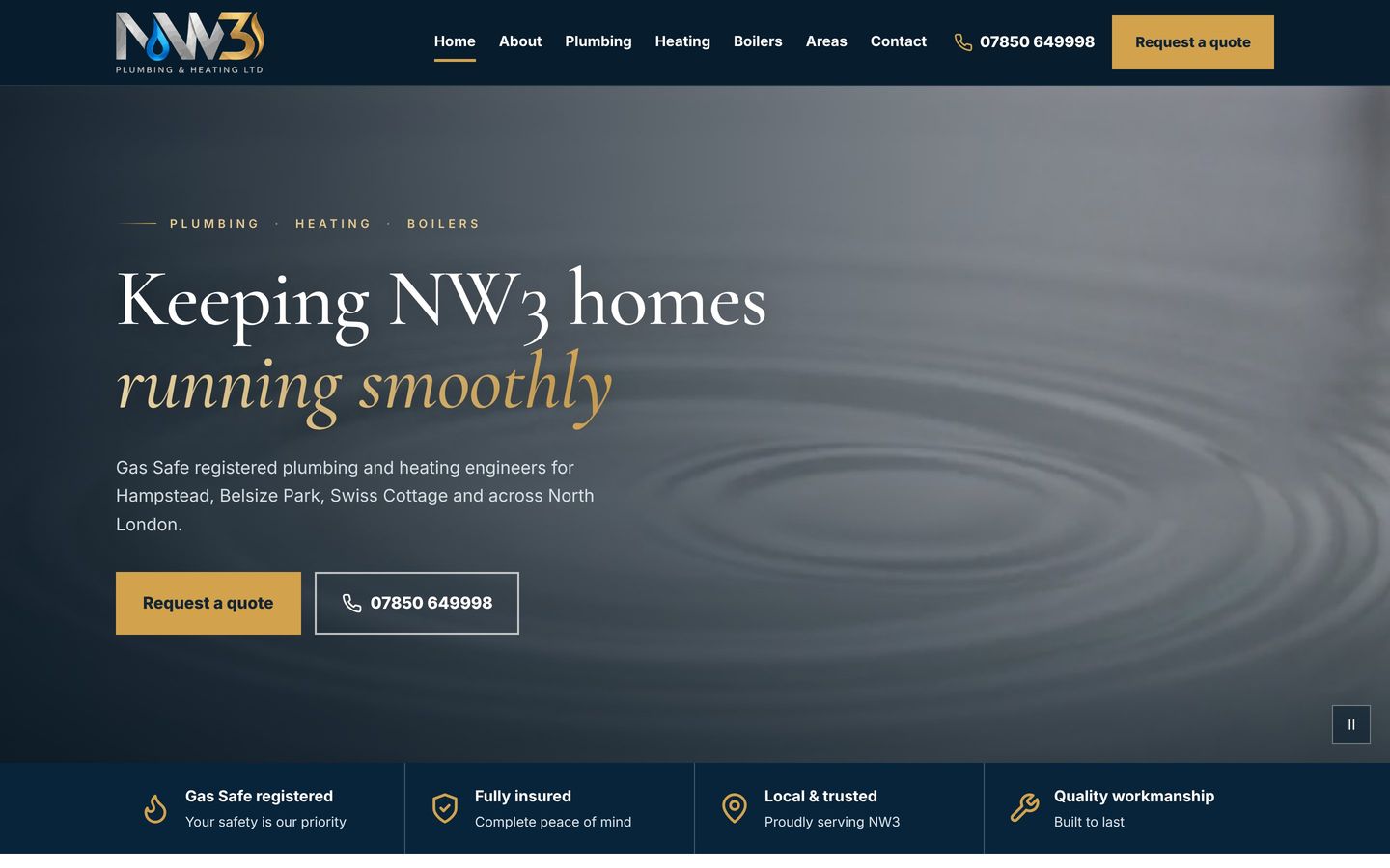 NW3 Plumbing and Heating homepage in navy and gold: Keeping NW3 homes running smoothly
